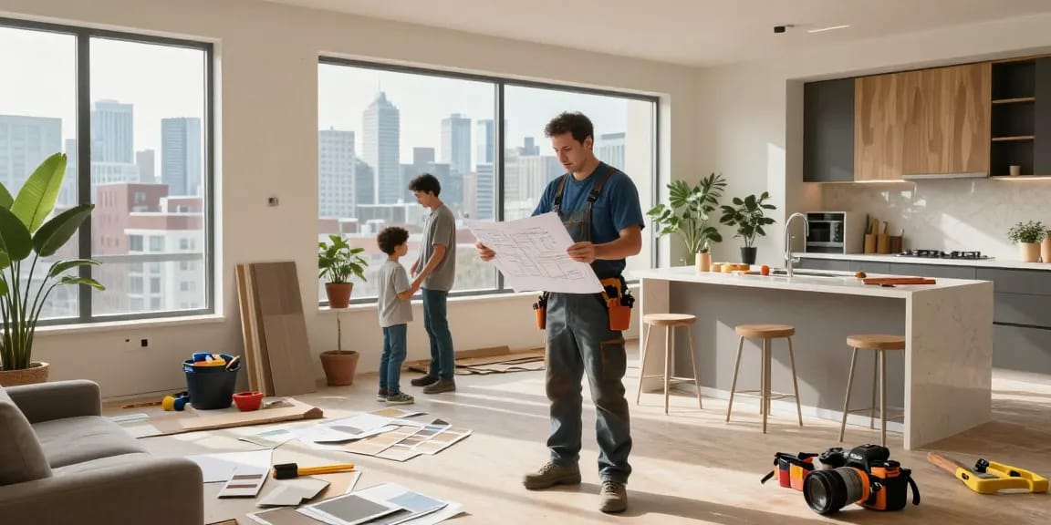 Home renovation services Toronto showcased in a lively urban setting, featuring contractors and families working on a modern living space.