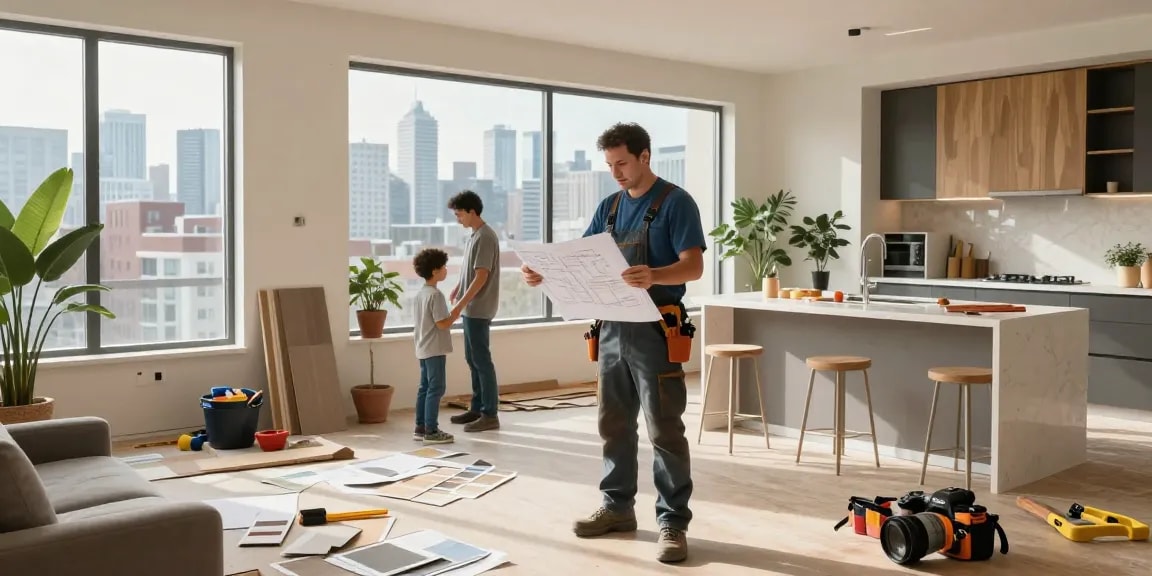 Home renovation services Toronto showcased in a lively urban setting, featuring contractors and families working on a modern living space.