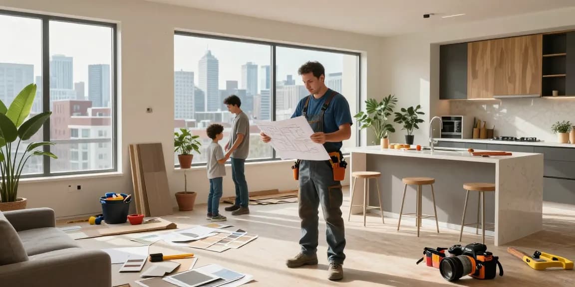 Home renovation services Toronto showcased in a lively urban setting, featuring contractors and families working on a modern living space.