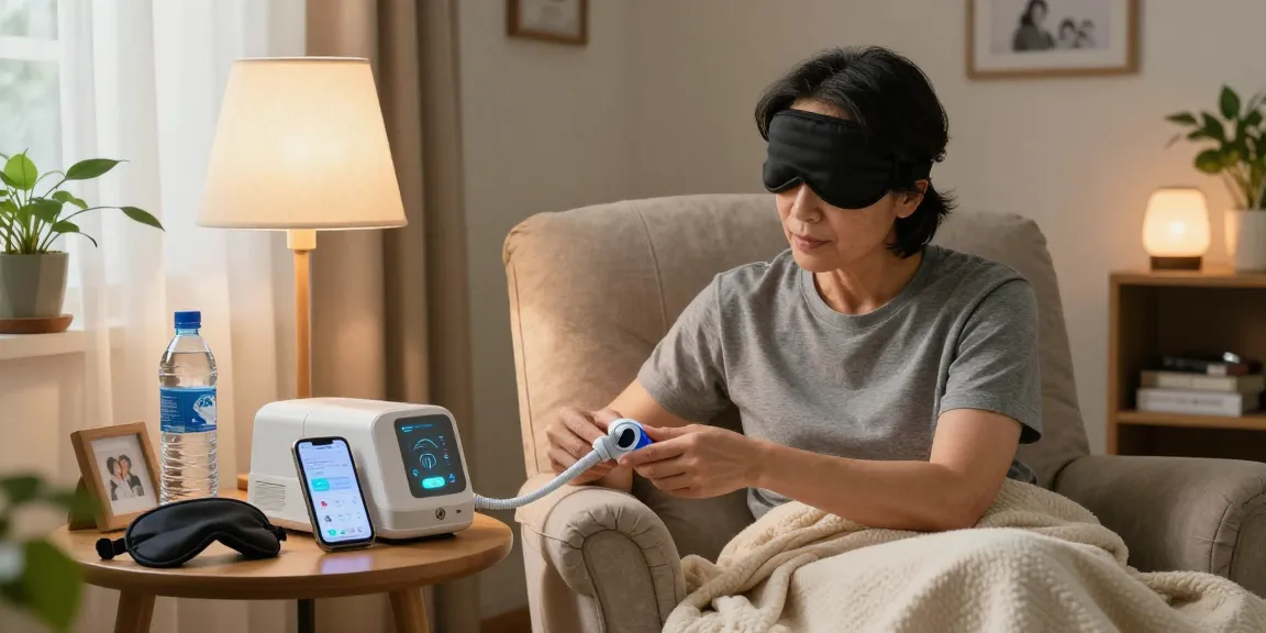 Individual adjusting a CPAP machine near them, making it easier to find a cpap dealer near me for sleep health.