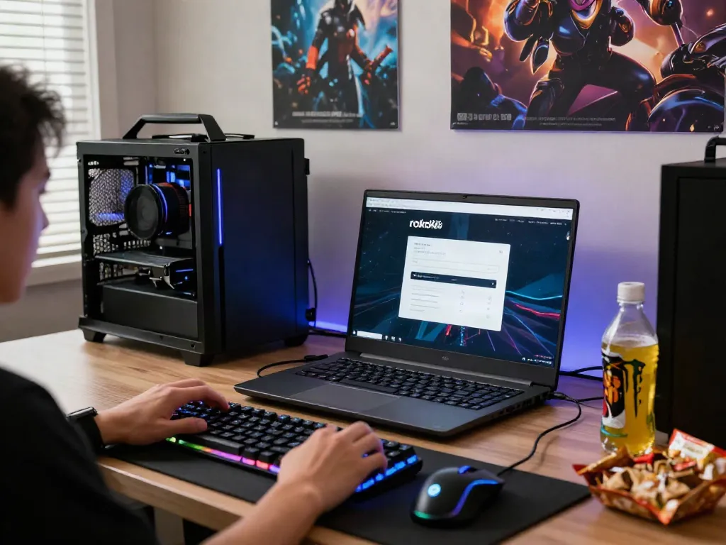 Engaging scene of a gamer logging into rokok88 on a modern laptop with colorful gaming accessories.