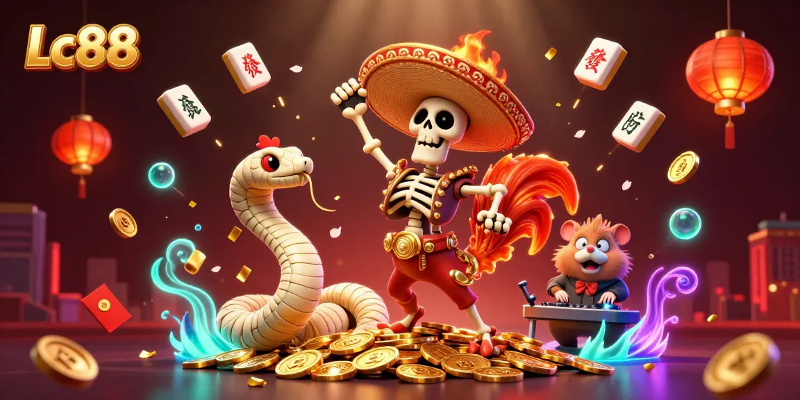 Engaging Lc88 casino-themed illustration depicting vibrant characters celebrating on coins.