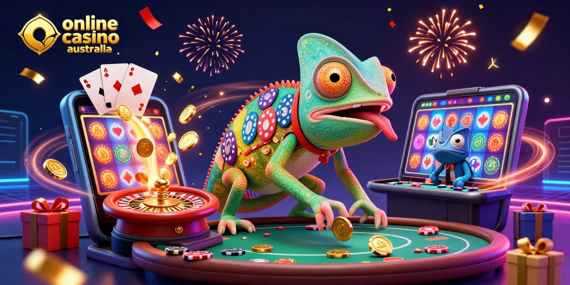 Experience thrilling wins at an online casino Australia with an engaging chameleon casino owner and vibrant game elements.