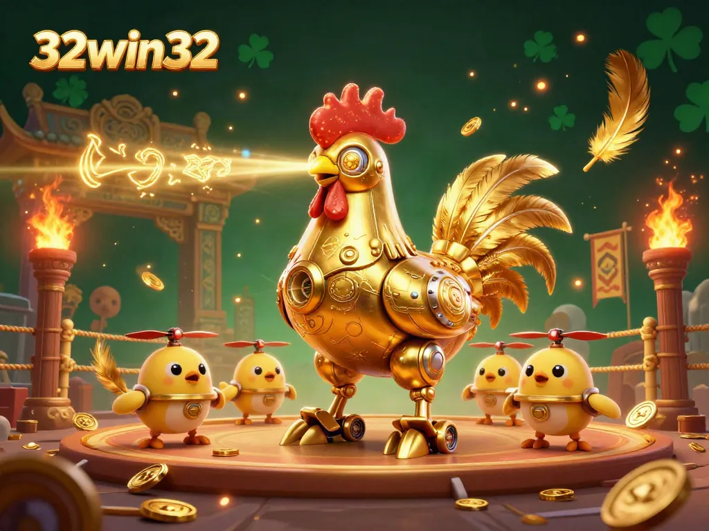 Experience the thrill of gaming with a golden rooster robot and baby chick drones, depicting 32win32's dynamic casino atmosphere.