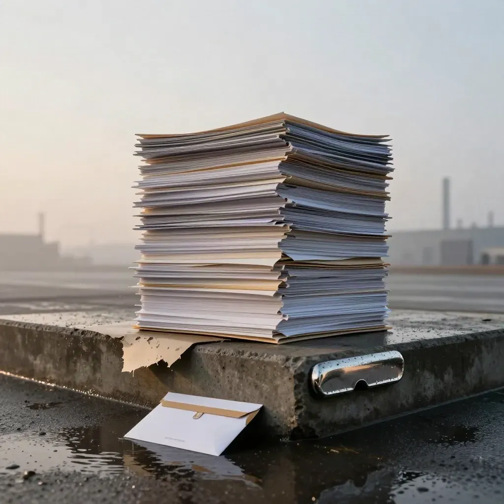 Claim folders, damaged drywall, bumper fragment, and courier envelope on wet concrete in dawn drizzle.