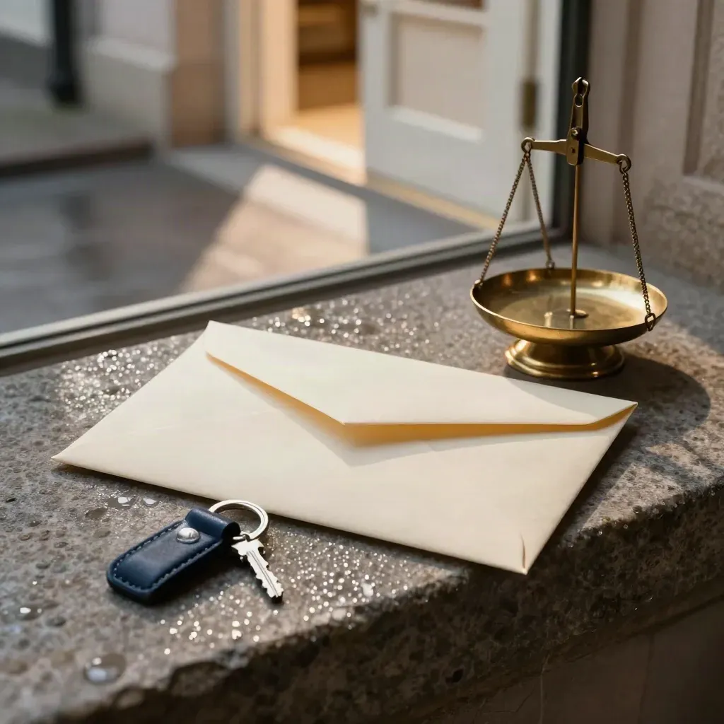 Settlement envelope, brass scale and navy keyring on a rain-wet stone ledge by a bright doorway.