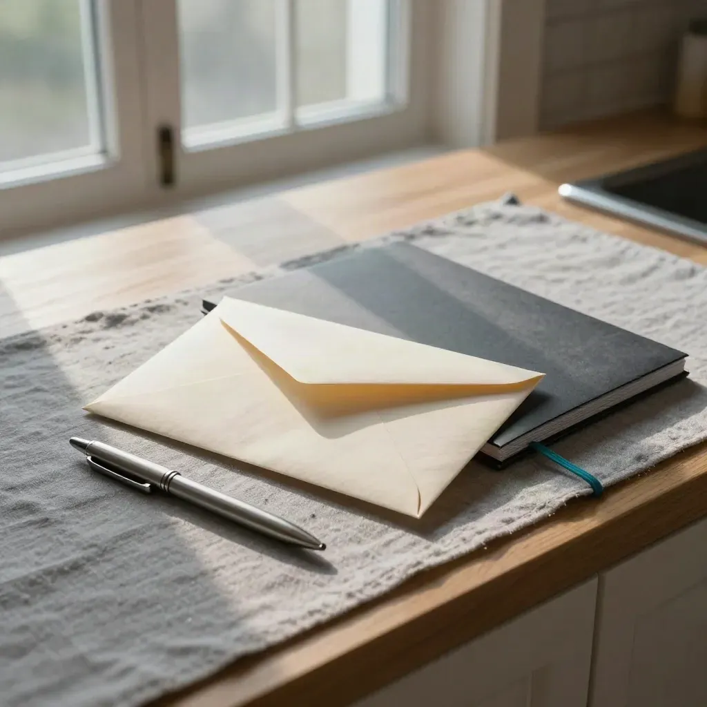 Appeal packet on a kitchen counter in soft morning light