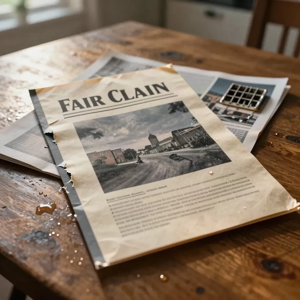 Water-damaged claim papers and curled photo prints drying on an oak dining table beside a rack.