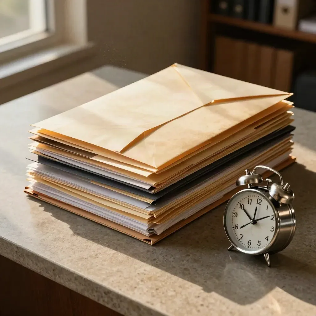 Tabbed claim folders, sealed envelopes and a desk clock on stone in late-afternoon light.