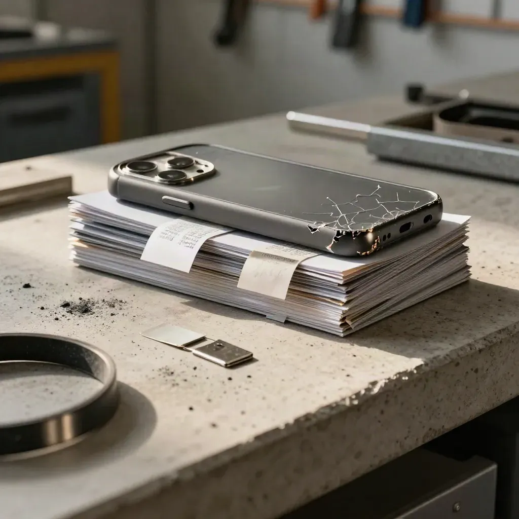 Garage workbench with proof photos, a cracked phone case, receipt sleeves, and repair parts.