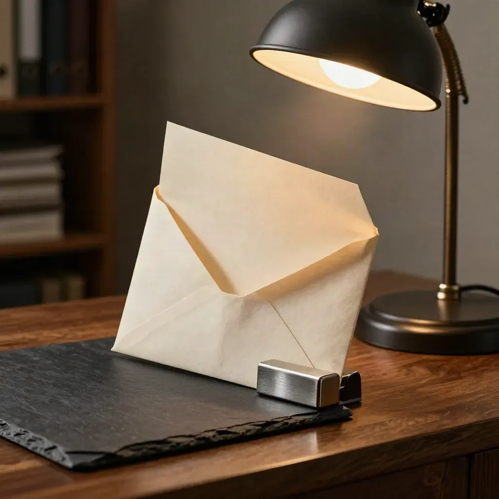 Opened denial envelope, curling page, paperweight, and desk lamp on a walnut claims counter.