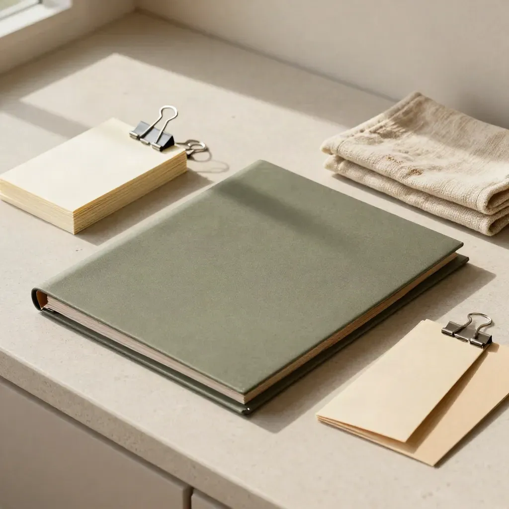 Top-down claim folders, cards, clips and folded cloth on a pale counter by window light