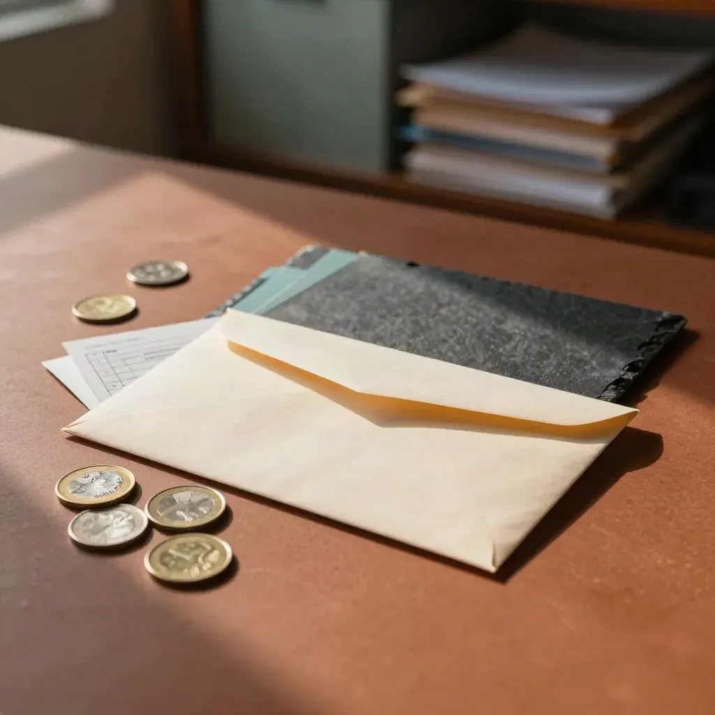 Claims payment envelope, slips, coins and folder on a terracotta review surface.