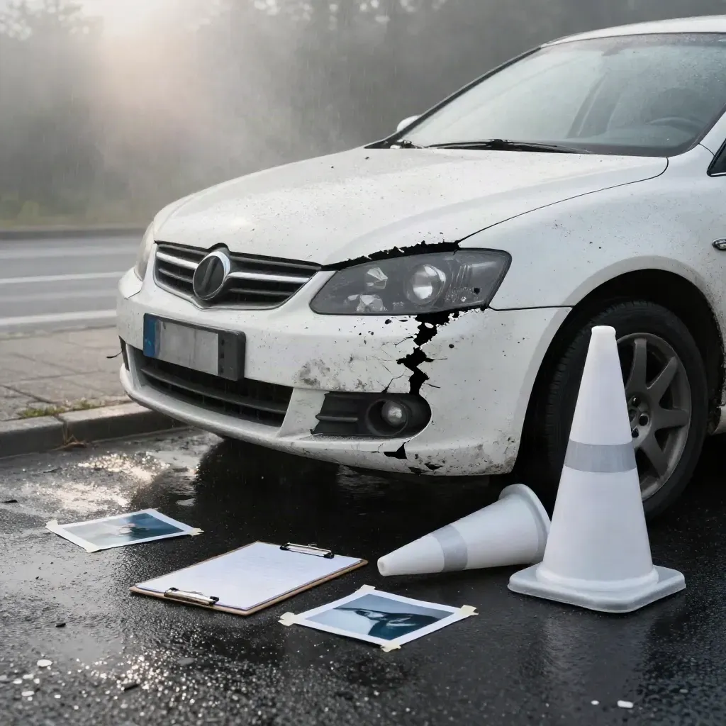 Crushed bumper corner, face-down clipboard, white cone and photo prints on wet roadside asphalt.