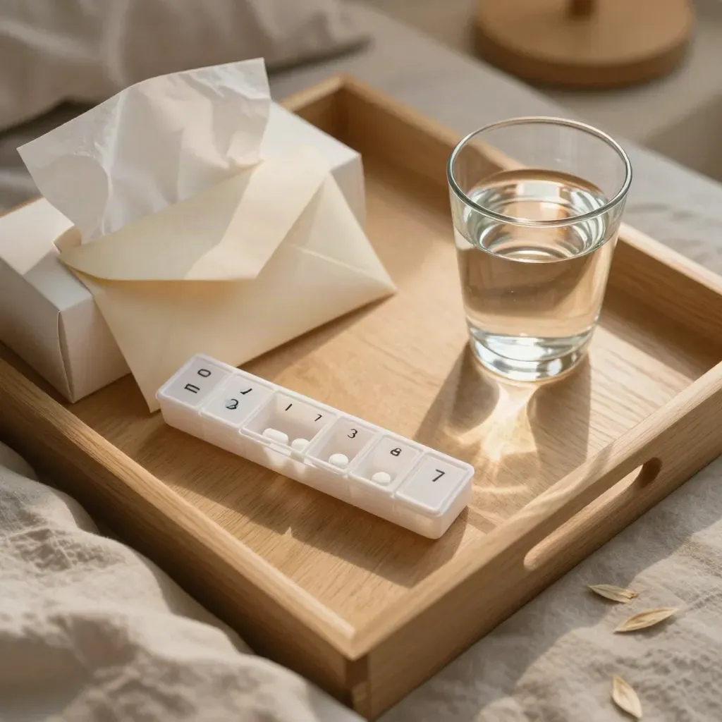 Pill organizer, face-down clinic envelope, tissue box, and water on a bedside tray in morning light.