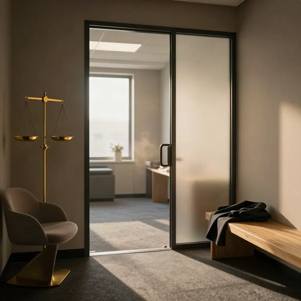 Frosted office doorway, brass scale, waiting chair and folded coat in a hazy claims office corridor.