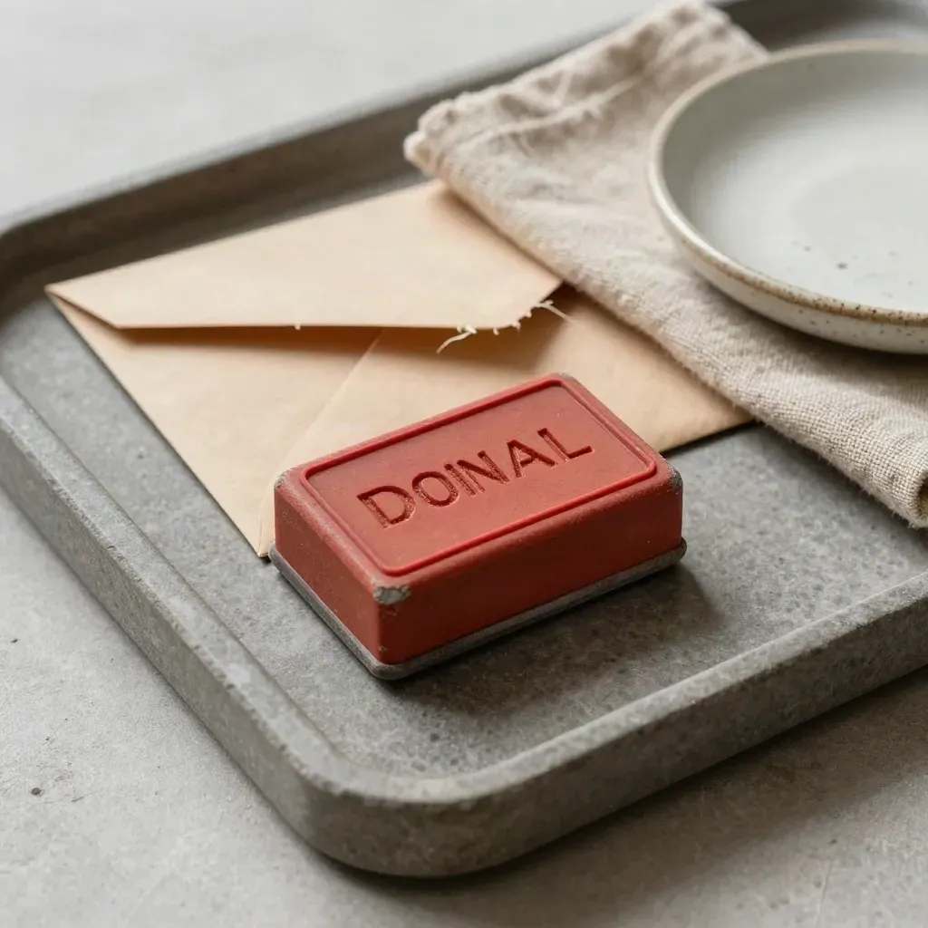 Denial stamp block, torn envelope, linen cloth and ceramic dish on a stone tray.