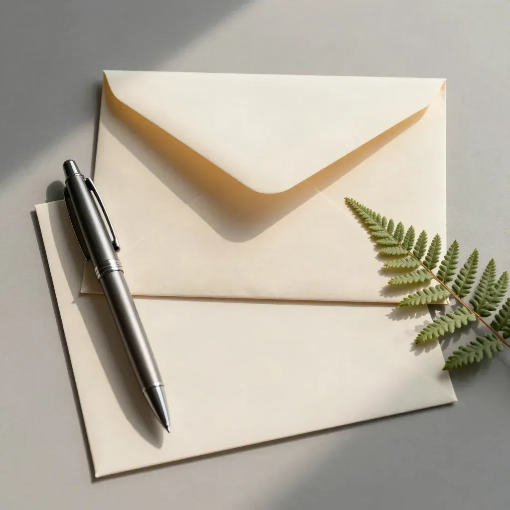 Overhead flatlay of an appeal packet with fountain pen, cream envelope, card and fern.