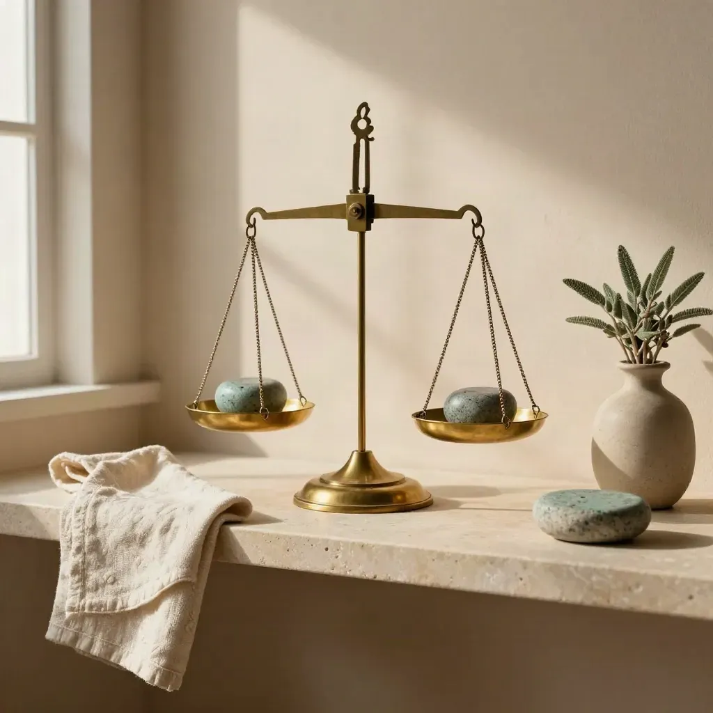 Brass balance scale with stone weights, linen cloth and a small plant on a stone shelf.