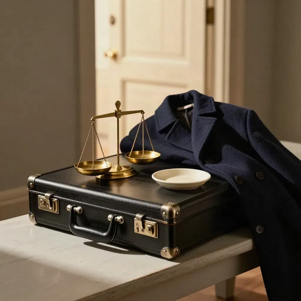 Closed briefcase, brass scale, ceramic dish and folded navy coat on a pale bench by a glowing doorway.