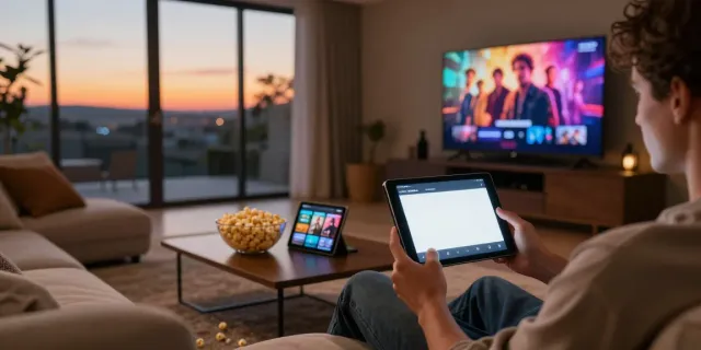 Person exploring the MoviesBox app on a smartphone in a cozy living room.