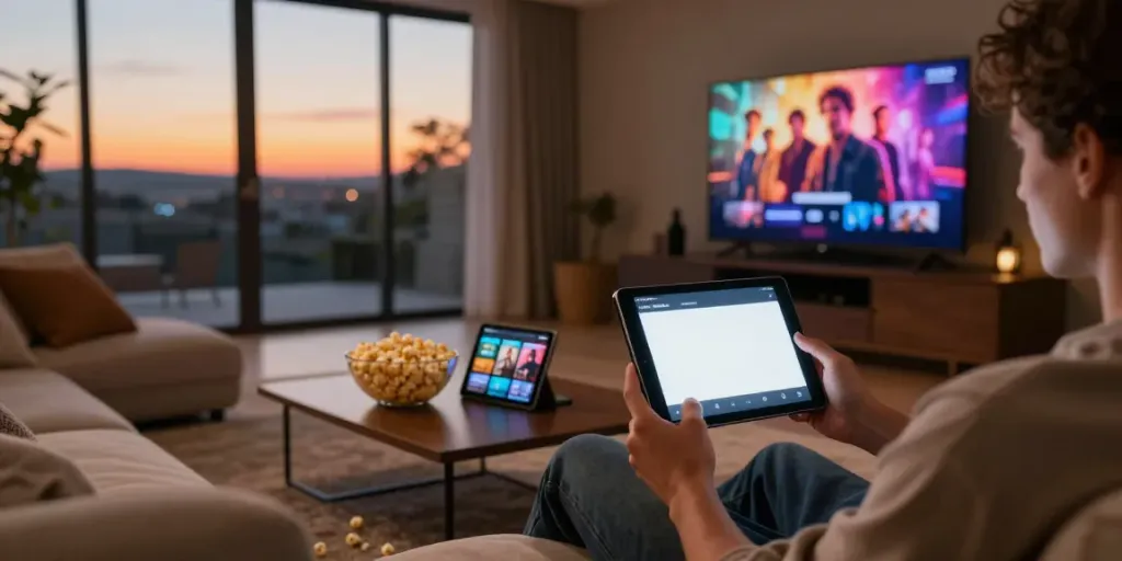 Person exploring the MoviesBox app on a smartphone in a cozy living room.