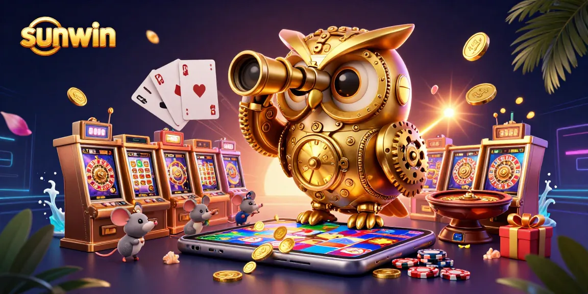 Win big with sunwin in a vibrant 3D casino scene showcasing spinning slots and colorful rewards.
