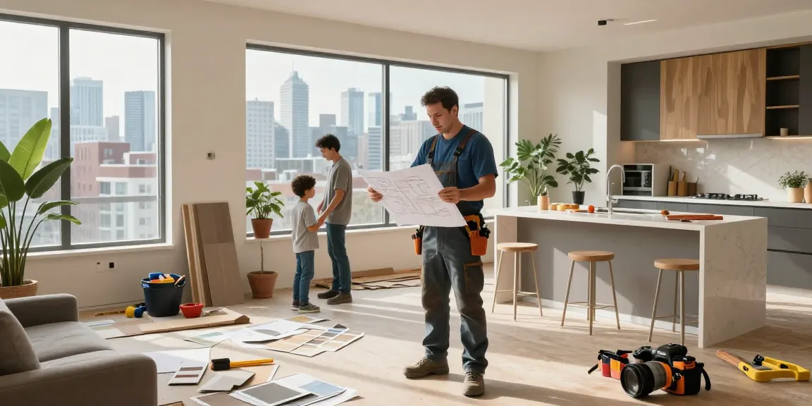 Home renovation services Toronto showcased in a lively urban setting, featuring contractors and families working on a modern living space.
