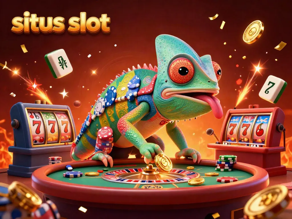 Experience exciting gameplay at situs slot with an animated chameleon casino owner and vibrant casino elements.