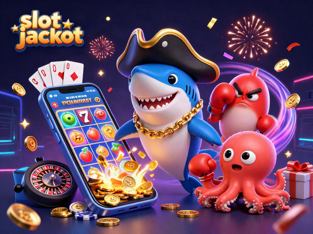 Engage with the thrilling slot jackpot scene featuring a cartoon shark, pufferfish, and octopus.