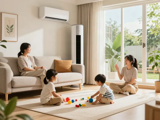 Family enjoying a comfortable living room with a mini split air conditioner for effective cooling.
