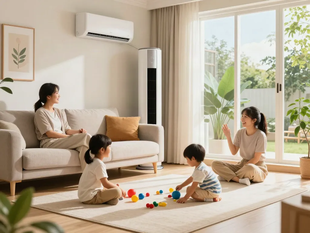 Family enjoying a comfortable living room with a mini split air conditioner for effective cooling.