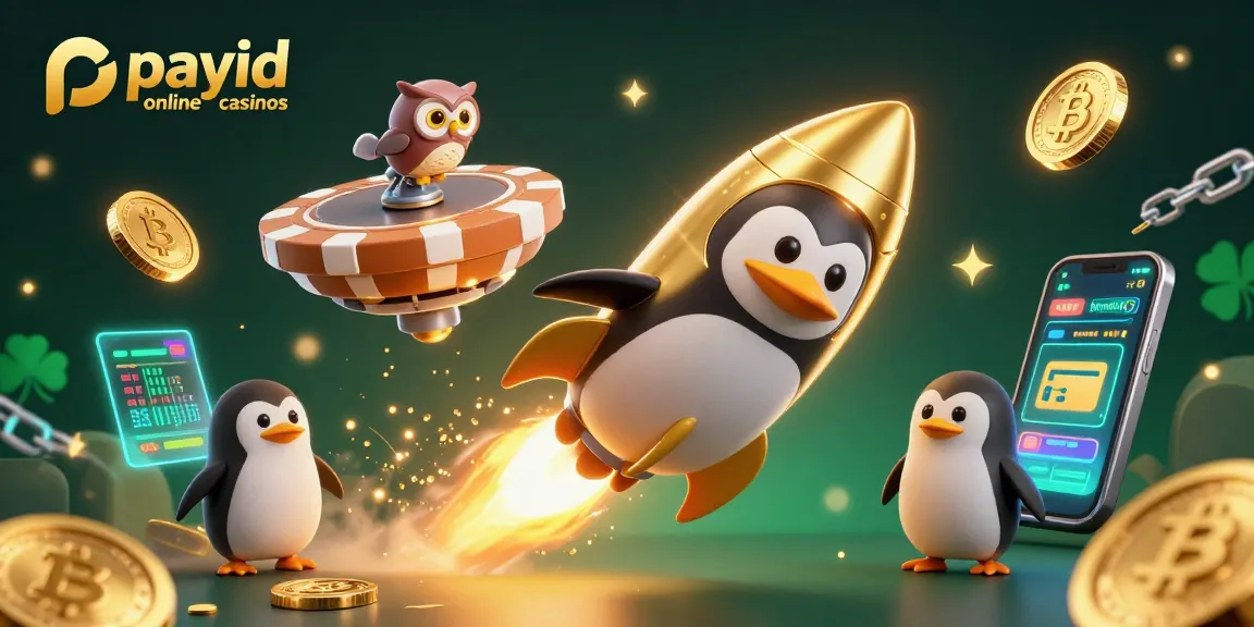 Experience thrilling action at payid online casinos with a golden penguin rocket soaring towards a poker chip casino.