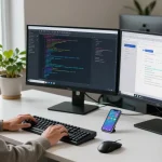 Developer using WPS Official Website tools in modern office setting with multiple monitors and collaborative workflow elements.