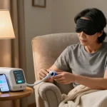 Individual adjusting a CPAP machine near them, making it easier to find a cpap dealer near me for sleep health.