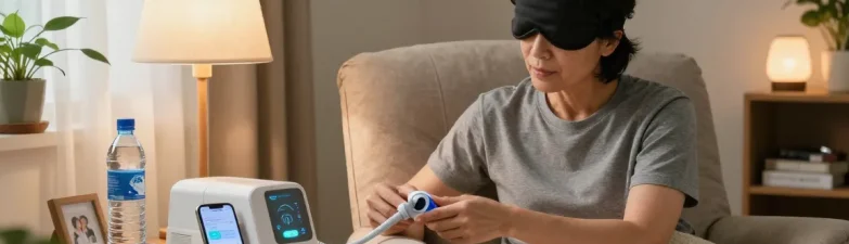 Individual adjusting a CPAP machine near them, making it easier to find a cpap dealer near me for sleep health.