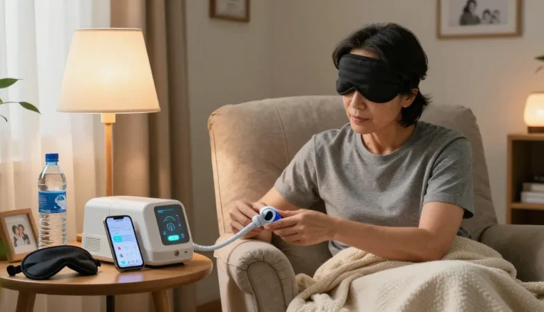 Individual adjusting a CPAP machine near them, making it easier to find a cpap dealer near me for sleep health.